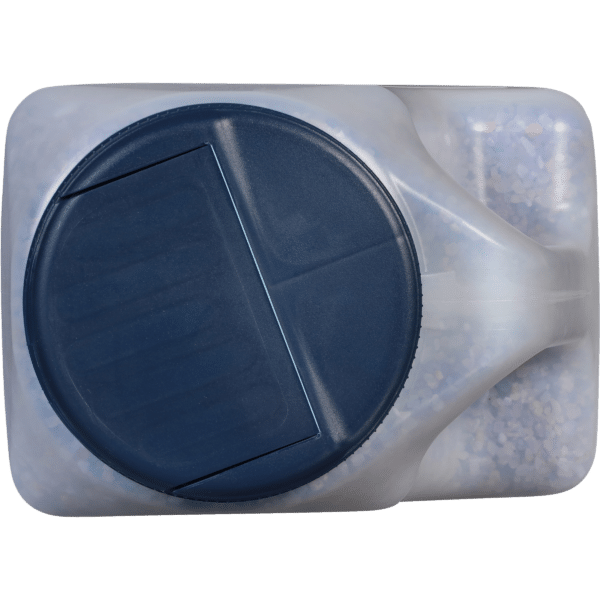 Container of bath salts with a navy blue lid, featuring a secure closure and transparent design for easy visibility of contents. Ideal for relaxation and wellness routines.