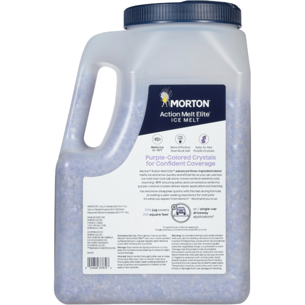 Morton Action Melt Elite ice melt container featuring purple-colored crystals. Designed to melt ice and snow quickly at temperatures as low as 15°F, this product covers up to 365 square feet. The three-ingredient blend is more effective than rock salt, providing safe and efficient ice control for driveways and walkways.
