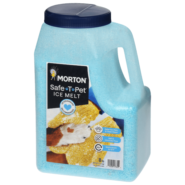 Container of Morton Safe-T-Pet Ice Melt, an 8 lb pet-safe ice melting product. Features a blue color and indicates it is salt and chloride free, recommended by veterinarians for keeping pets safe during winter.