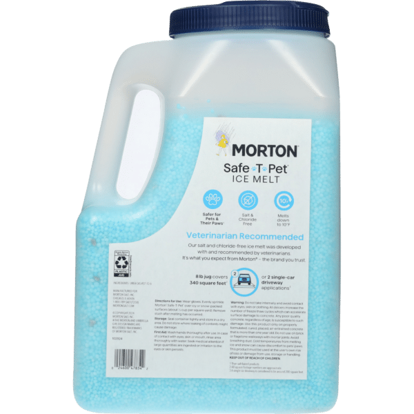 Container of Morton Safe-T-Pet Ice Melt, a pet-safe, salt-free ice melt product. Features a blue granule formulation designed to melt ice down to 10°F, veterinarian recommended, covering 340 square feet per 8 lb jug.