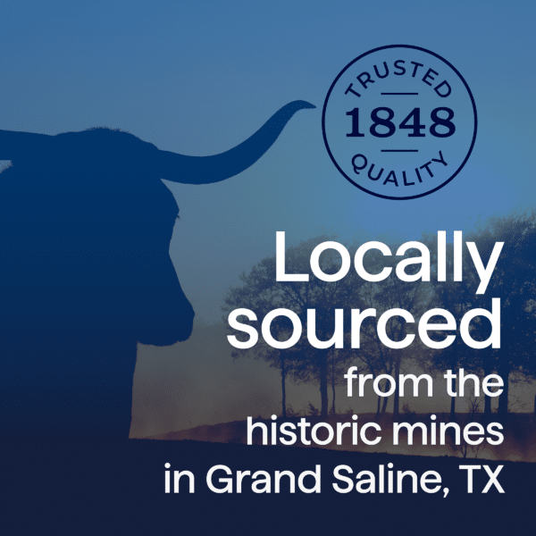 Silhouette of a longhorn steer against a scenic background, highlighting locally sourced materials from the historic mines in Grand Saline, TX, emphasizing quality and trusted heritage since 1848.