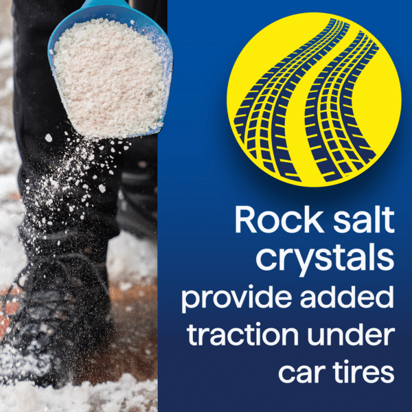 Person pouring rock salt crystals from a scoop onto a snowy surface to enhance tire traction.