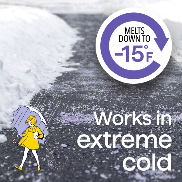 Image of a snowy pathway with ice melt product visible, showcasing its effectiveness in extreme cold temperatures down to -15°F. A cartoon character with an umbrella emphasizes winter readiness and safety.
