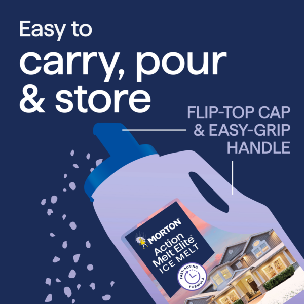 Morton Action Melt Elite Ice Melt container with a flip-top cap and easy-grip handle, designed for easy carrying, pouring, and storage. The packaging features a snowy background and highlights its fast-acting formula.