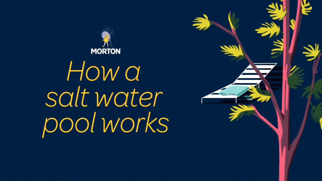 A tree and lounge chair alongside the words 'How a salt water pool works'