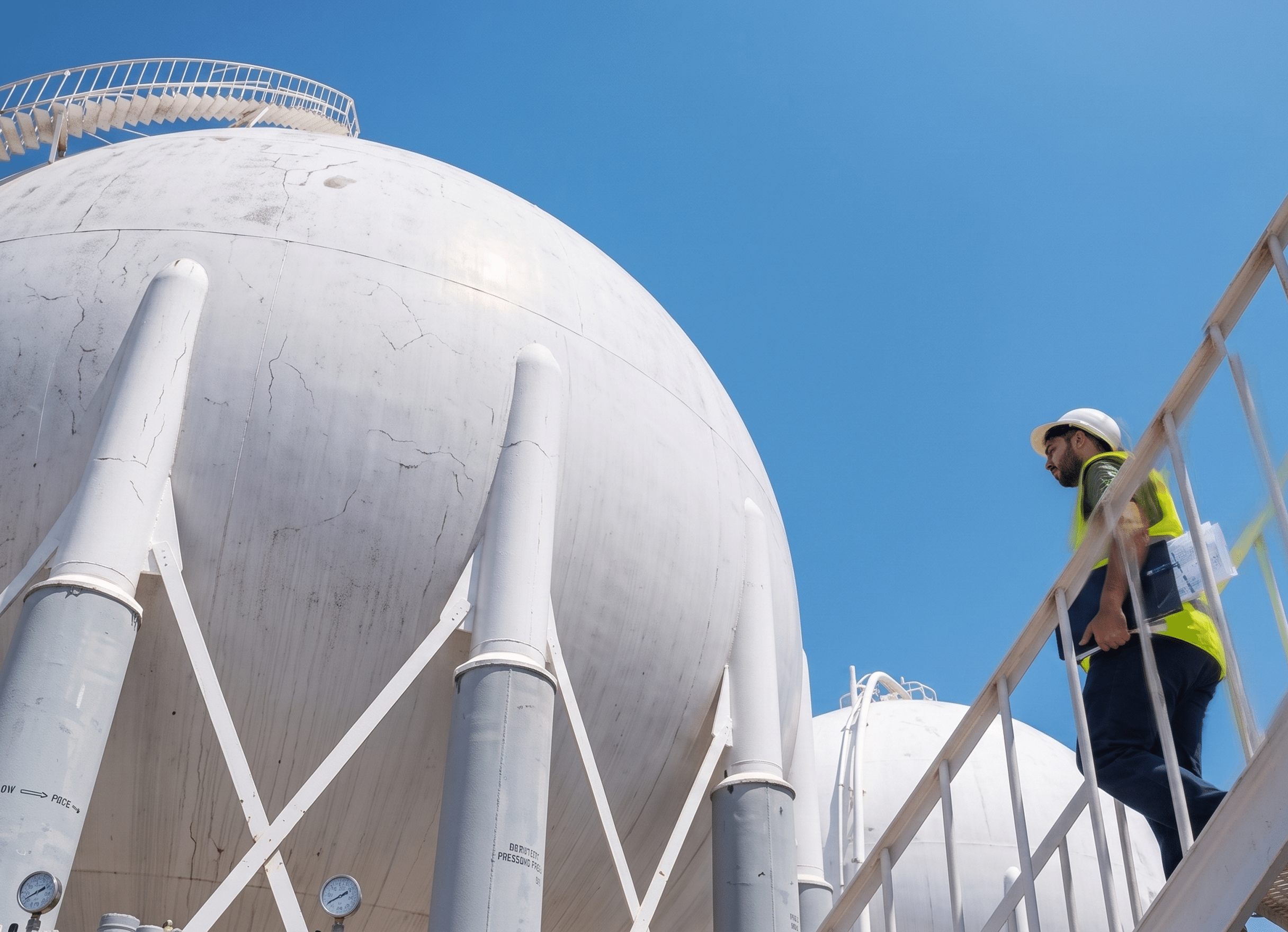 Worker in safety gear walking up stairs next to large industrial storage tanks against a clear blue sky. The tanks are white and spherical, designed for storing gases or liquids, with visible pressure gauges and a staircase leading to the top.