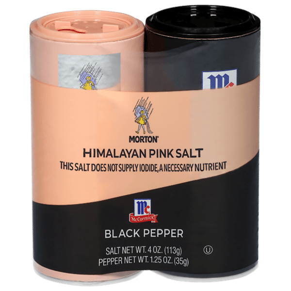 Morton Himalayan Pink Salt and McCormick Black Pepper packaging, featuring a pink container for salt (4 oz) and a black container for pepper (1.25 oz), highlighting the pink salt's lack of iodine.