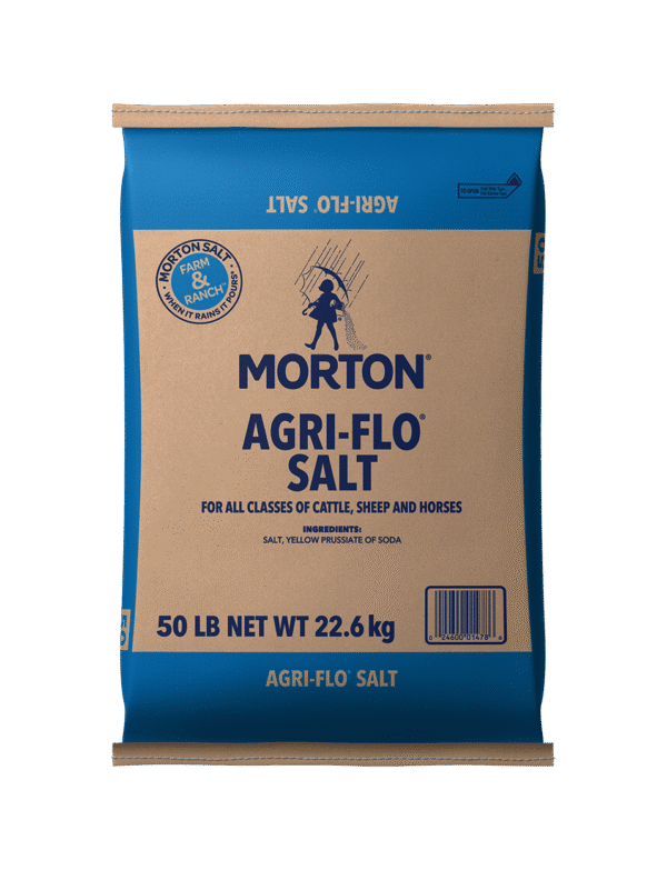 Morton Agri-Flo Salt 50 lb bag, suitable for all classes of cattle, sheep, and horses, featuring ingredients like salt and yellow prussiate of soda. Ideal for livestock nutrition and hydration.