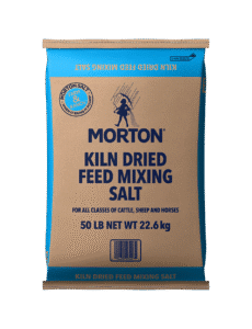 Morton Kiln Dried Feed Mixing Salt bag, 50 lb (22.6 kg), suitable for cattle, sheep, and horses, featuring a blue and brown design with product details prominently displayed.