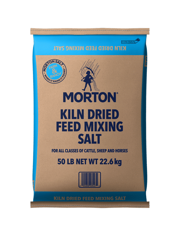Morton Kiln Dried Feed Mixing Salt bag, 50 lb (22.6 kg), suitable for cattle, sheep, and horses, featuring a blue and brown design with product details prominently displayed.
