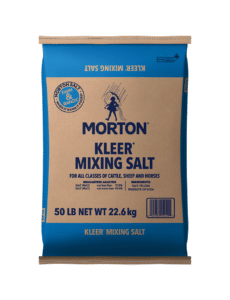 Morton Kleer Mixing Salt 50 lb bag, designed for cattle, sheep, and horses, featuring guaranteed analysis of salt content and ingredients including sodium chloride and prussiate of soda.