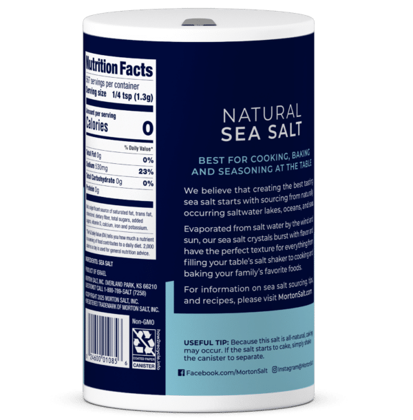 Container of natural sea salt featuring nutrition facts and usage tips for cooking, baking, and seasoning. The design highlights its sourcing from natural saltwater sources and emphasizes its flavor-enhancing properties for various dishes. Ideal for home cooks seeking high-quality seasoning.