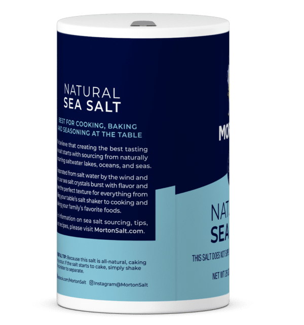 Natural sea salt container by Morton Salt, ideal for cooking, baking, and seasoning. Features information about sourcing and usage tips for enhancing flavors in meals.