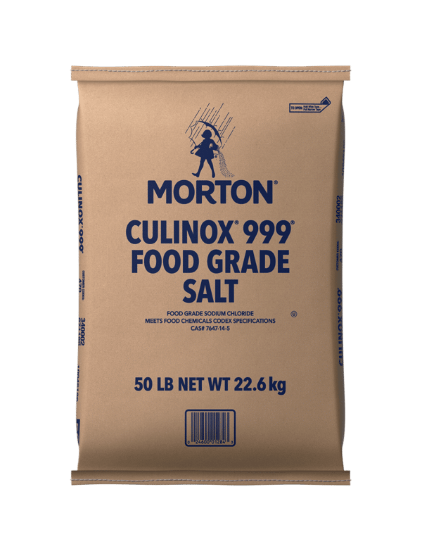 Morton Culinox 999 food grade salt, 50 lb (22.6 kg) bag, suitable for culinary use and meets food chemical safety specifications. Ideal for restaurants and food processing.
