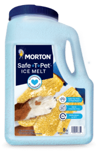 Container of Morton Safe-T-Pet Ice Melt, an 8 lb pet-safe ice melting product that is salt and chloride free, designed to melt ice down to 10°F, featuring a dog's paw on the label and marked as veterinarian recommended.
