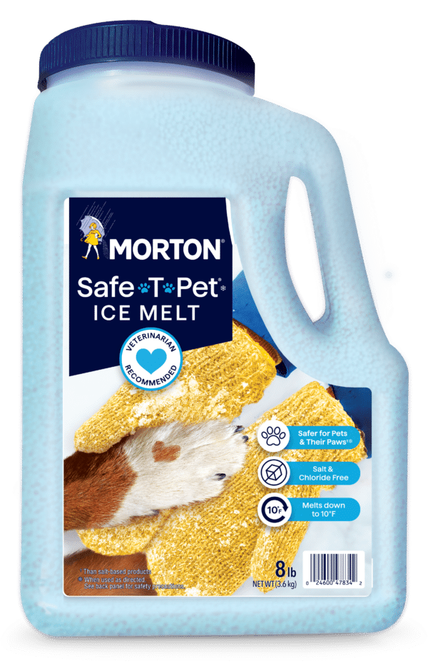 Container of Morton Safe-T-Pet Ice Melt, an 8 lb pet-safe ice melting product that is salt and chloride free, designed to melt ice down to 10°F, featuring a dog's paw on the label and marked as veterinarian recommended.