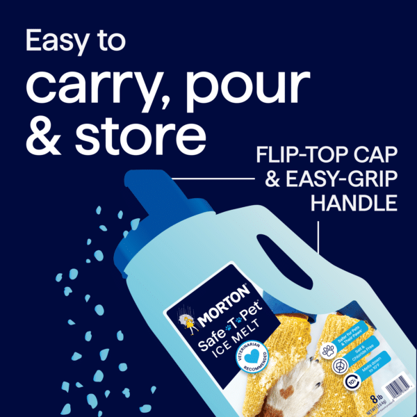 Morton Safe-T-Pet Ice Melt container with a flip-top cap and easy-grip handle, showcasing features that make it easy to carry, pour, and store. Ideal for pet owners, this 8 lb bag is veterinarian recommended and safe for pets.