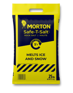 Morton Safe-T-Salt rock salt bag, 25 lb (11.3 kg), designed to melt ice and snow down to 5°F, featuring a bright yellow and blue packaging with safety instructions.