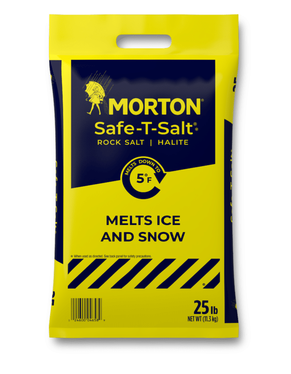 Morton Safe-T-Salt rock salt bag, 25 lb (11.3 kg), designed to melt ice and snow down to 5°F, featuring a bright yellow and blue packaging with safety instructions.