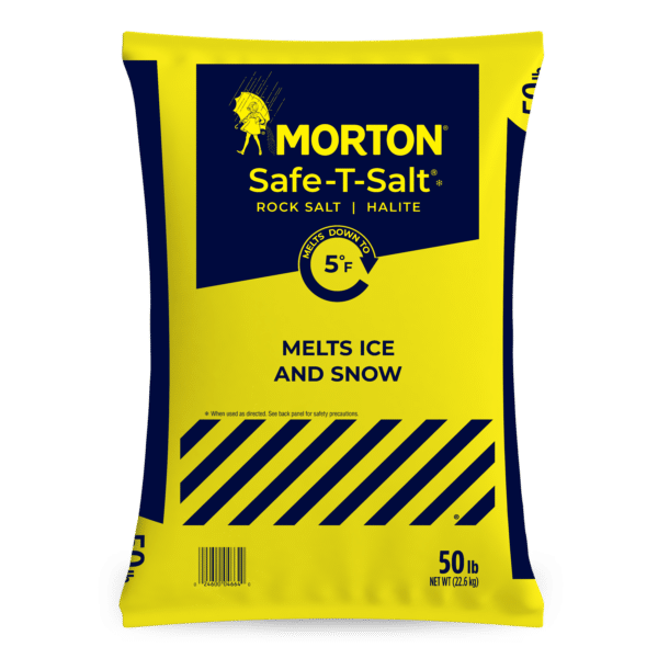 Morton Safe-T-Salt rock salt bag, 50 lb, designed for melting ice and snow down to 5°F. Ideal for winter weather management.