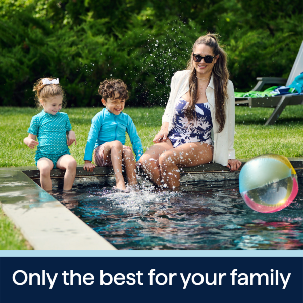 A mother and her two children enjoy a sunny day by the pool, splashing water and playing with a beach ball. The kids are dressed in colorful swimwear, while the mother wears sunglasses and a stylish swimsuit, highlighting a fun and family-friendly atmosphere.