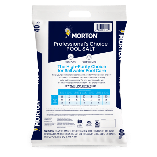 Morton Professional's Choice Pool Salt 40 lb bag, designed for high-purity and fast dissolving saltwater pool care, featuring usage instructions and safety warnings on the back.