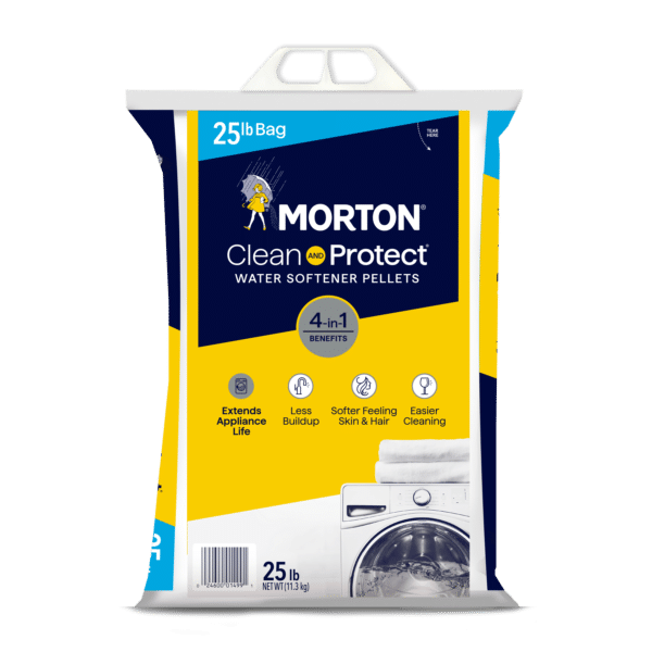 Morton Clean and Protect Water Softener Pellets 25 lb bag, designed to extend appliance life, reduce buildup, and provide softer skin and hair, featuring easy cleaning benefits and a 4-in-1 solution for water softening.