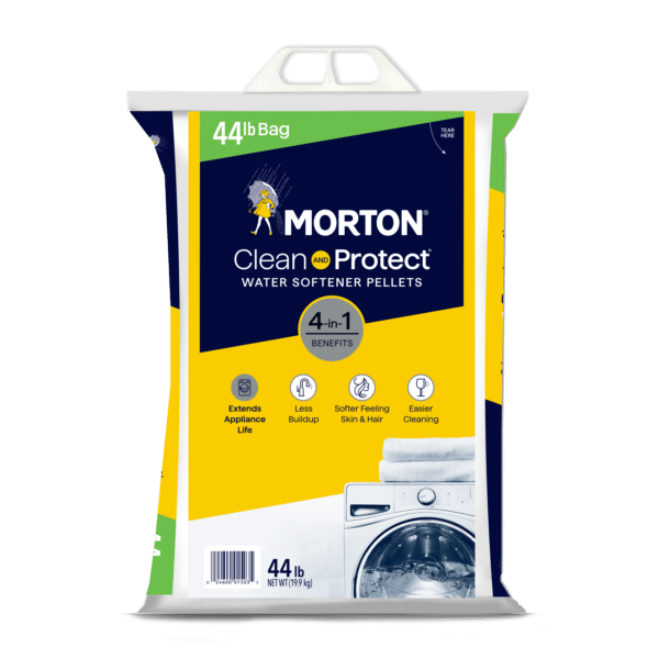 Morton Clean and Protect Water Softener Pellets 44 lb bag, featuring 4-in-1 benefits for extending appliance life, reducing buildup, providing softer skin and hair, and enabling easier cleaning. Ideal for improving water quality in households.
