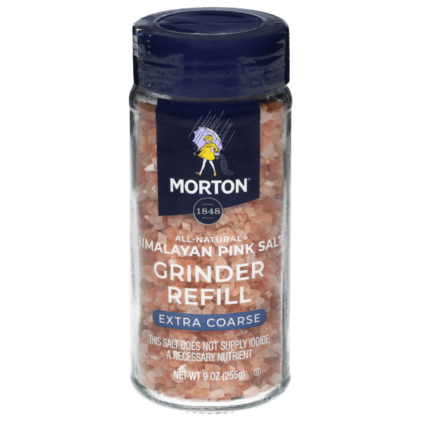 Morton Himalayan Pink Salt grinder refill, 9 oz container, featuring extra coarse all-natural salt crystals, ideal for seasoning and enhancing flavor in various dishes.