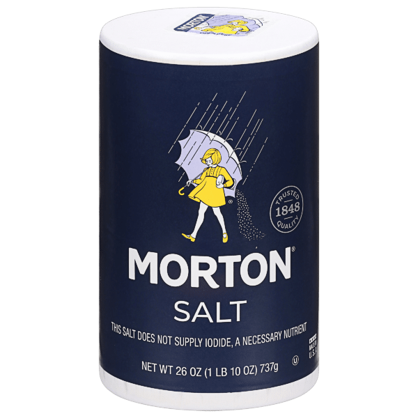 Morton Salt container featuring a classic design, showcasing the brand's logo and a girl with an umbrella. The product weighs 26 oz and is a staple seasoning for cooking and baking.