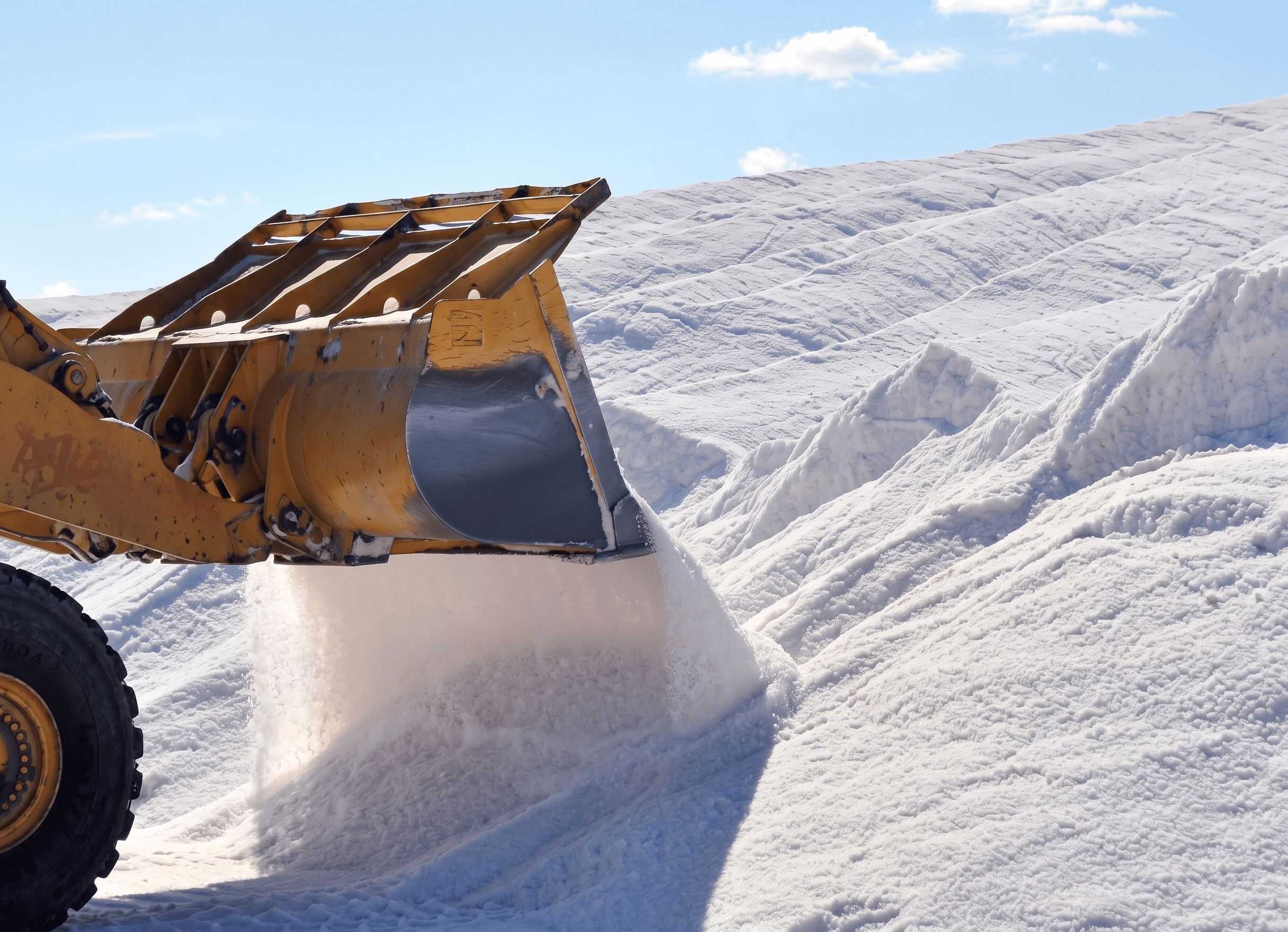 Heavy machinery clearing a large pile of snow, showcasing a front loader bucket lifting and moving snow under a clear blue sky.