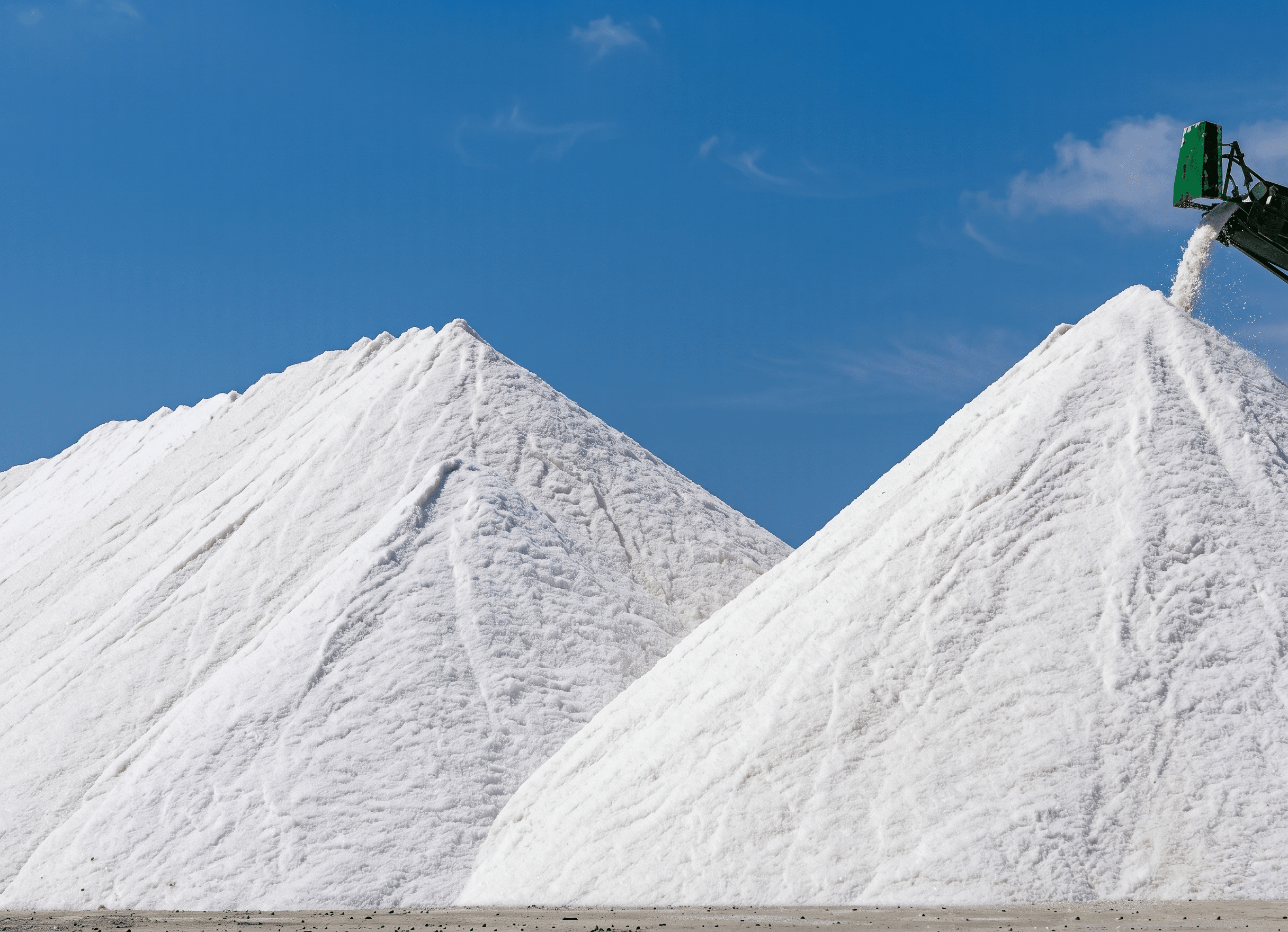 Large mounds of white salt against a clear blue sky, with machinery loading salt from one pile. This image highlights the salt production process and storage in an industrial setting.