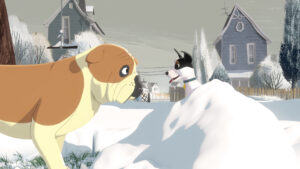Two cartoon dogs in a snowpile