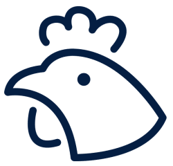 Illustration of a chicken head silhouette with a crown, representing poultry farming or chicken-related products.