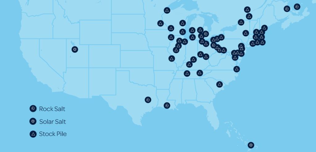 A map of the United States showing rock salt, solar salt, and stock piles