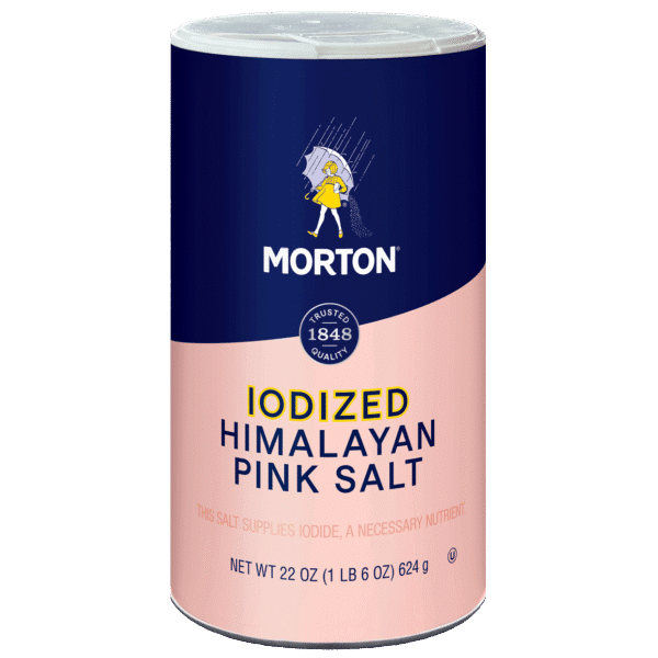 Morton Iodized Himalayan Pink Salt canister, 22 oz, featuring essential nutrients including iodine for healthy cooking and seasoning. Ideal for enhancing flavor in various dishes.