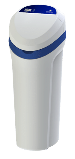 Water softener system designed for efficient removal of hard minerals, featuring a sleek white and blue design, digital control panel, and compact shape suitable for home installation.