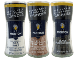 Three Morton adjustable grinders in sea salt, himalayan pink salt, and black peppercorn