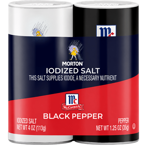 Container of Morton iodized salt and McCormick black pepper, featuring 4 oz of iodized salt and 1.25 oz of black pepper, highlighting the nutritional benefits of iodide in the salt.