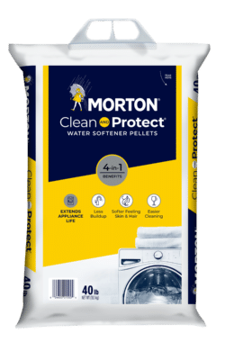 Morton Clean and Protect Water Softener Pellets, 40-pound bag, featuring 4-in-1 benefits for extending appliance life, reducing buildup, providing softer skin, and easier cleaning.
