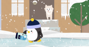 A cartoon penguin wearing a winter hat walks on a snowy surface while holding a container of ice melt. In the background, a fluffy white dog observes from the steps of a house with icicles hanging from the windows. The scene captures a whimsical winter day.
