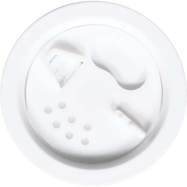 White plastic food container lid with various openings for sipping, pouring, and ventilation, designed for takeout beverages.