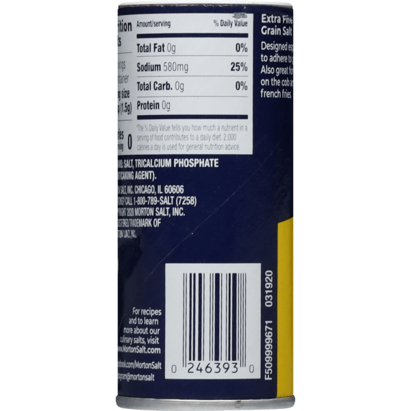 Nutrition label on a can of Morton Extra Fine Grain Salt, displaying information including total fat, sodium content, carbohydrates, and protein, along with serving size and ingredients.