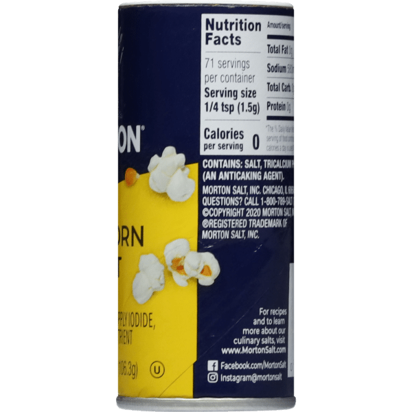 Morton salt container featuring popcorn salt, with nutrition facts highlighting 71 servings per container, 0 calories per serving, and ingredients including salt and tricalcium phosphate.