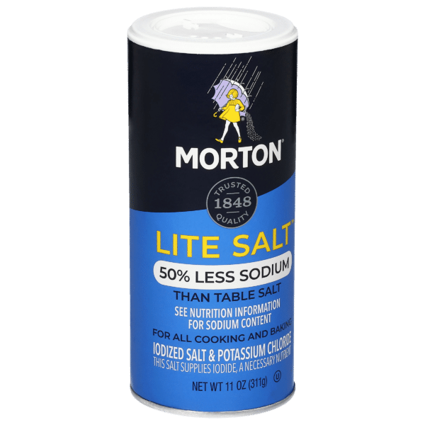 Morton Lite Salt container featuring 50% less sodium than table salt, ideal for cooking and baking. The packaging highlights its iodized salt and potassium chloride content, emphasizing its health benefits and trusted quality since 1848. Net weight 11 oz (311g).