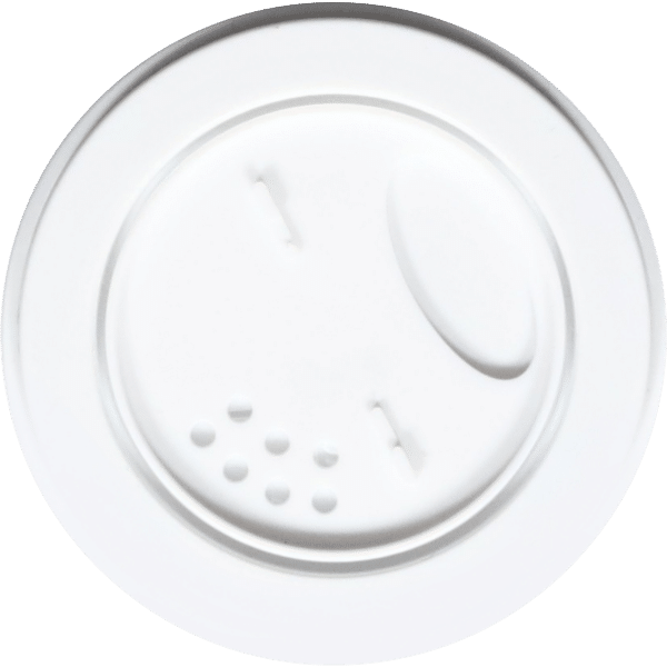 White plastic lid featuring a small oval opening and a series of holes for ventilation, commonly used for food containers.
