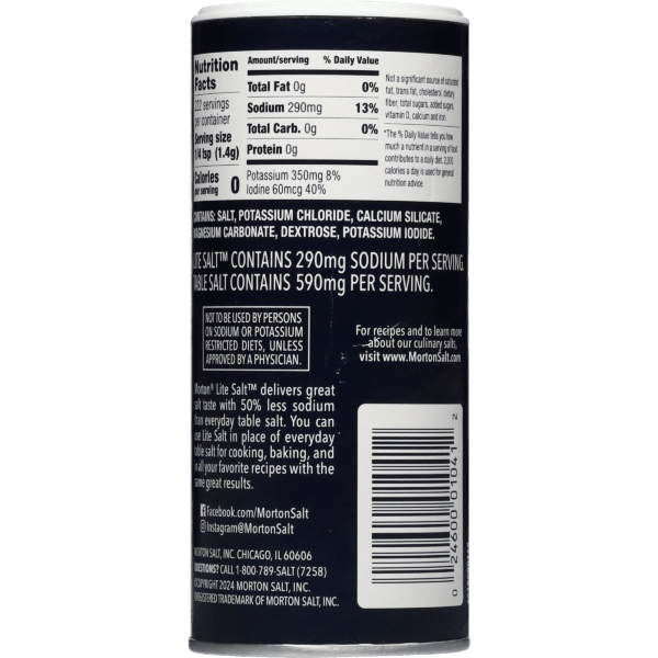 Nutrition label of Morton Lite Salt, highlighting 290mg sodium per serving, 50% less sodium than regular table salt, and key ingredients including potassium chloride and calcium silicate.