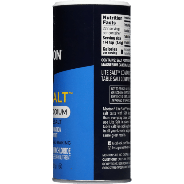 Morton Lite Salt container featuring nutrition facts and ingredient information, highlighting its reduced sodium content and use as a healthier alternative to regular table salt.