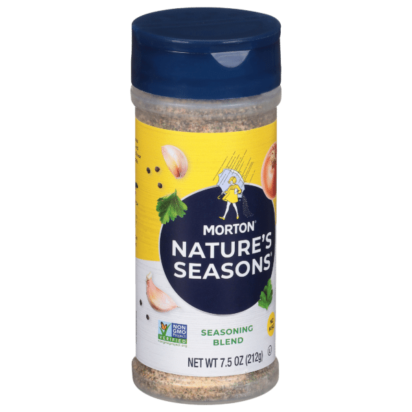 Morton Nature's Seasons seasoning blend in a 7.5 oz container, featuring a colorful label with illustrations of vegetables, ideal for enhancing the flavor of various dishes. Non-GMO verified product.