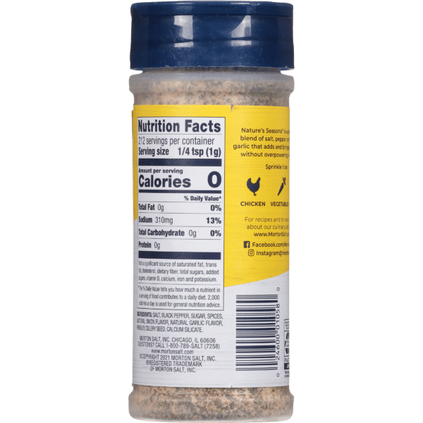 Nutrition facts label on a container of Nature's Seasons seasoning blend, highlighting zero calories, sodium content of 310mg, and suggested uses for chicken and vegetables.